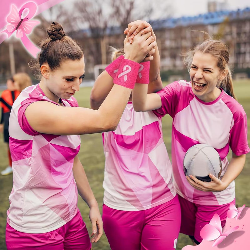 Biubee 12/24/48Pcs Breast Cancer Awareness Wristbands - Football Pink Ribbon Wristbands Bulk for Youth Men Women, Elastic Gymnastics Sports Wrist Sweatbands for Football Baseball Athletic Sports - Image 2